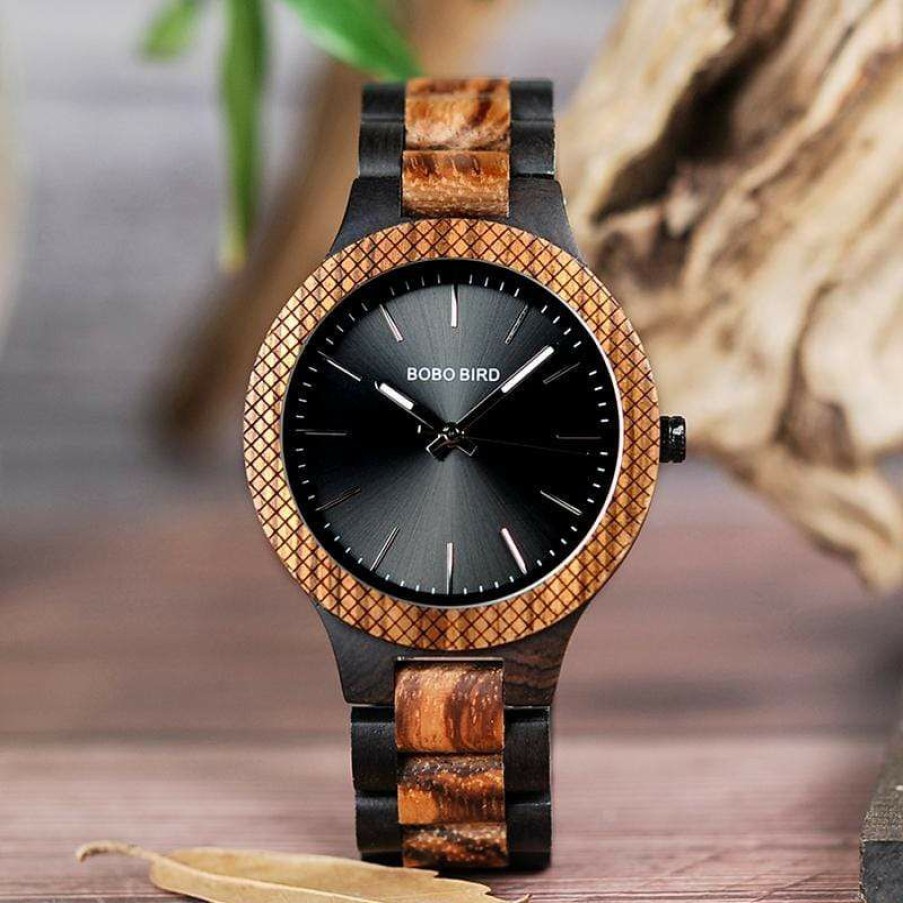 Watches Boho Beach Hut Beach | Boho Beach Hut Men'S Watches Bobo Bird Two-Tone Ebony Zebra Wooden Watch Black