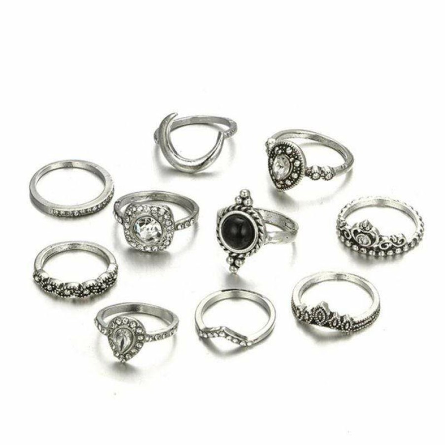 Jewelry Boho Beach Hut Beach | Boho Beach Hut Jewelry 10Pc Bohemian Black Ring Set Silver