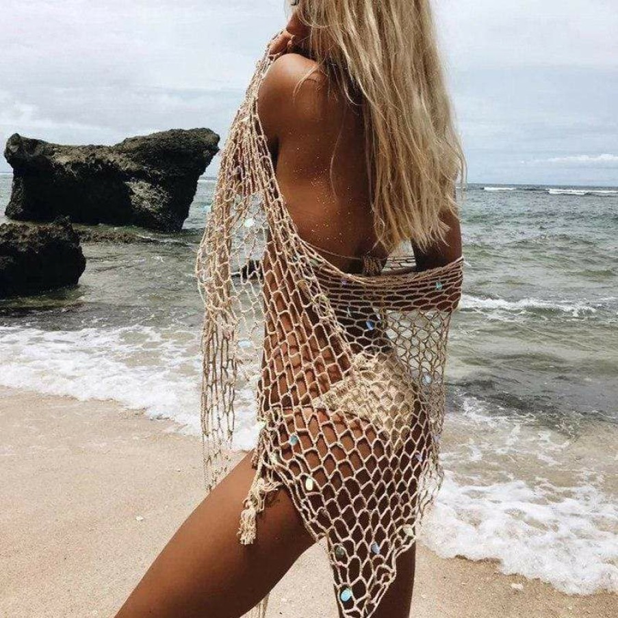 Plus Size Boho Beach Hut Beach | Boho Beach Hut Sequined Crochet Mesh Beach Cover Up Swim