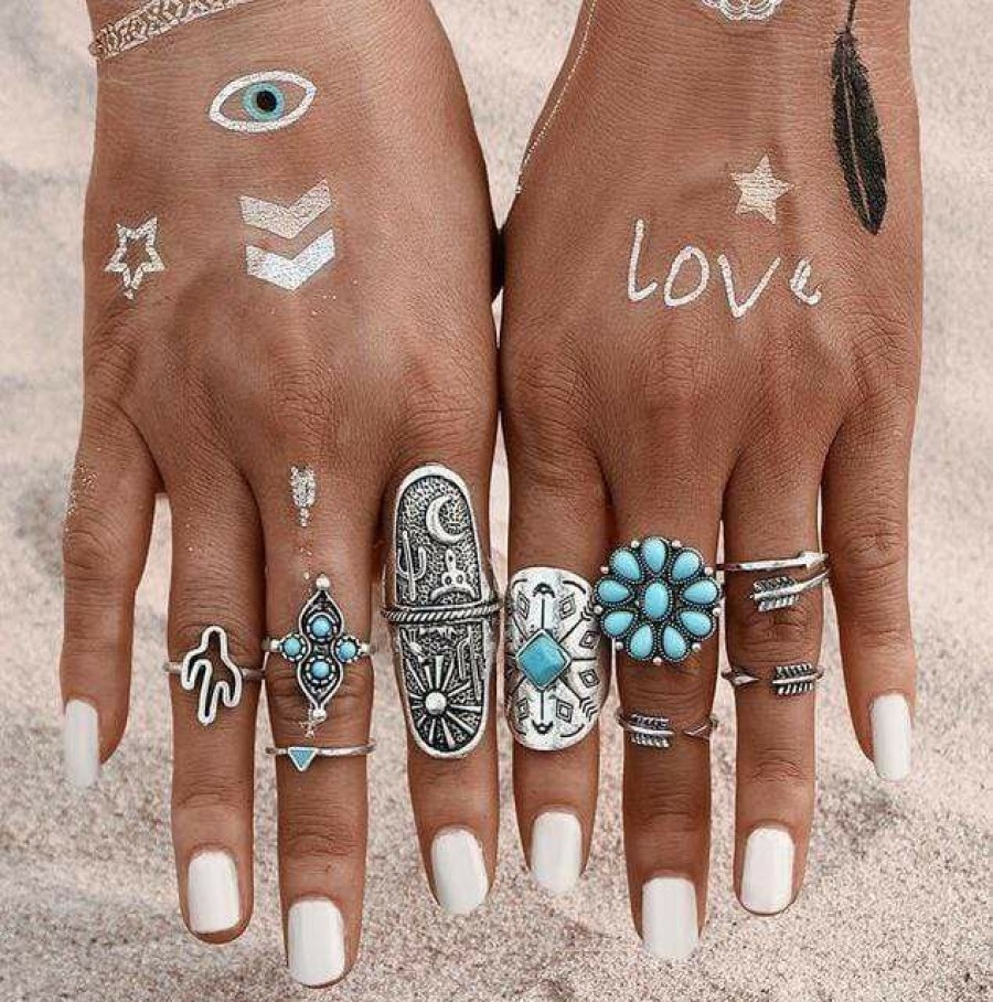 Jewelry Boho Beach Hut Beach | Boho Beach Hut Jewelry Boho Vintage Style Ring Set Turquoise