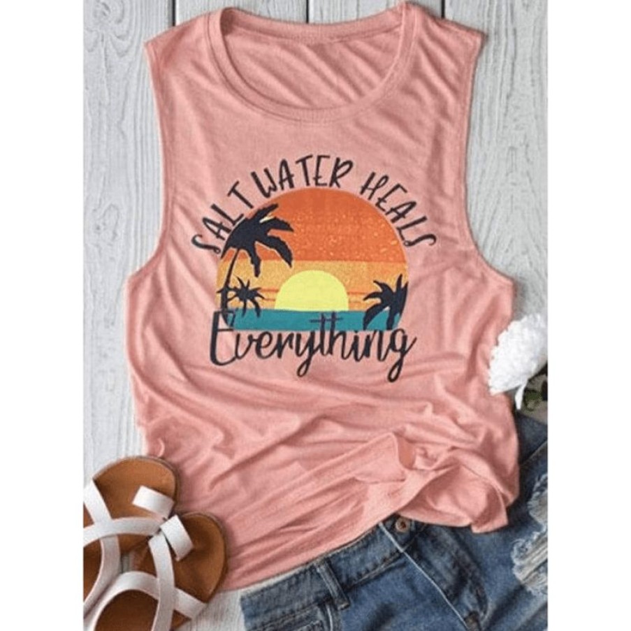 Plus Size Boho Beach Hut Beach | Boho Beach Hut Casual Print Tank Top Pink